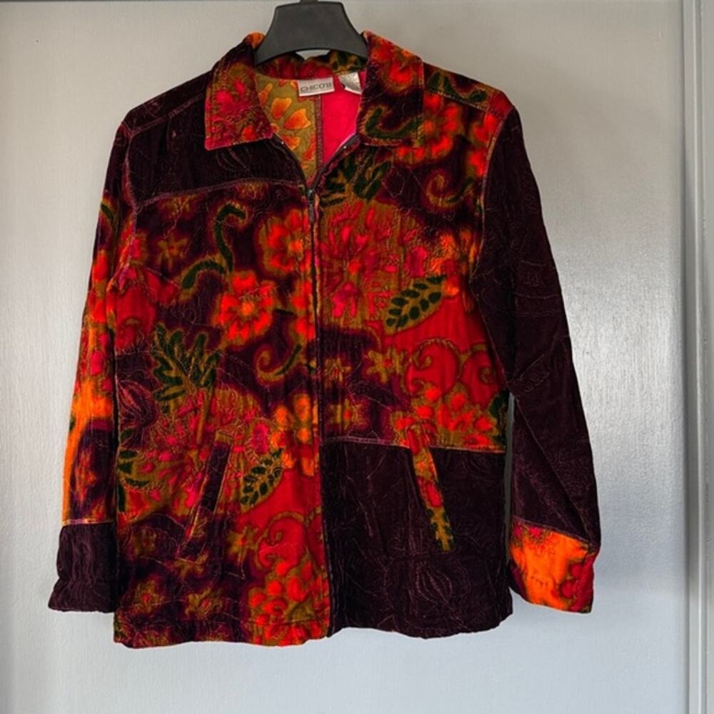 Chico's Colorful Patchwork Quilted Silk Blend Jacket W/Pockets Size 1 (M)